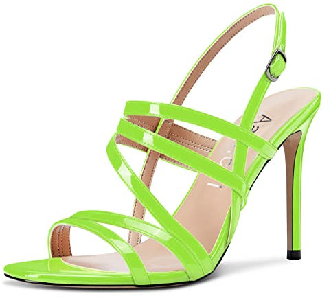 Aachcol Mujer Sandalias romanas Strapy Abierta Punta Aguja Alto High Heel Slingback Correa Tobillo 10 CM Verde lima Charol 37 EU
