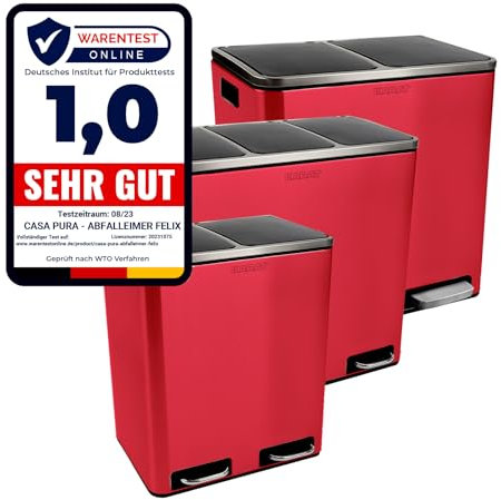 KARAT Poubelle de cuisine en métal à pédale - Tri de déchets pour Bureau Ecole Jardin - Sceau intérieur amovible avec poignée - Ouverture mains-libres (Felix - Rouge, 2 x 30 Litres)