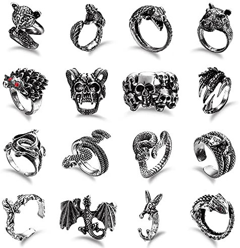 Kakonia 16 Stücke Gothic Offene Ringe Set für Männer Frauen Punk Verstellbare Schlange Drachen Klaue Tier Ringe Vintage Goth Schädel Ringe Indie Ästhetik Schwarz Stil-B