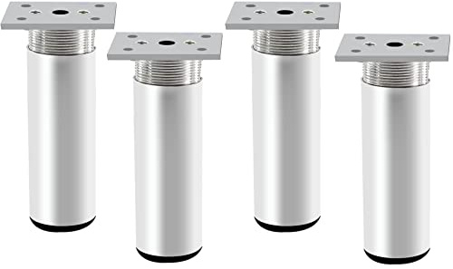 Rusoz 4 Stück Möbelfüße Verstellbar, Möbelfuß Metall 100 mm Höhe Klein Tischbeine Höhenverstellbar 0-20 mm Aluminiumlegierung Rund Matte Silber Mit Schrauben Für Sofa, Bett und Schränke