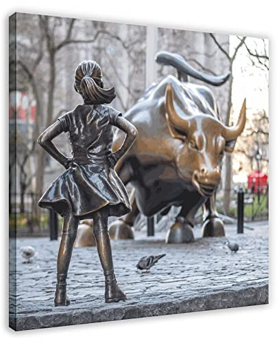 Fearless Girl Charging Bull Statue Wall Street Leinwand Poster (5) Leinwand Poster Schlafzimmer Dekor Sport Landschaft Büro Zimmer Dekor Geschenk Rahmen Stil 40 x 40 cm