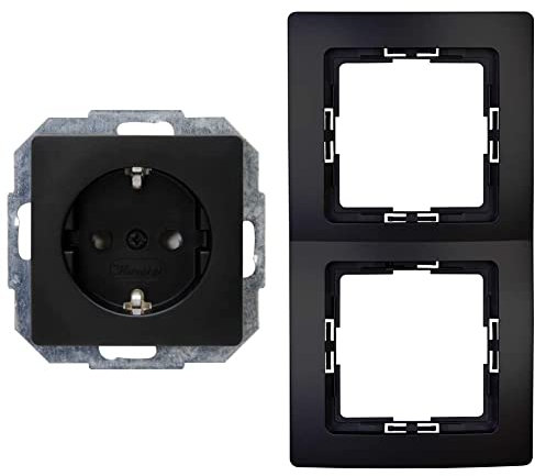 Kopp Paris Steckdose mit erhöhtem Berührungsschutz, Unterputz, Mattschwarz, 920650080 1 stück & Paris 2-Fach Abdeckrahmen, Mattschwarz, 308550069, 1 Stück