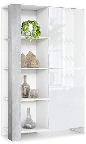 Vladon Canto highboard, Armario Alto con 2 Puertas y 8 Compartimentos, Carcasa Blanco Mate, frentes Blanco Brillo Intenso, Paneles Decorativos hormigón Oxidado (95 x 151,5 x 36 cm)