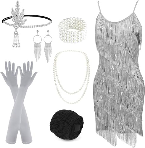 PLULON Robe années 1920 Gatsby à sequins à franges vintage pour femme avec accessoires années 20 pour bal de fin d'année