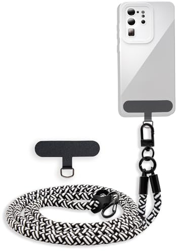 Cadorabo Universale Handykette in SCHWARZ - WEIß - Passend für die meisten gängigen Smartphones und Hüllen - Verstellbares Handyband Kordel zum Umhängen Schlüsselband Universales Pad zum einlegen