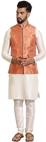 Sojanya (Desde 1958 - Conjunto de pijama Kurta de mezcla de seda para hombre y chaqueta Nehru de diseño propio), Crema y naranja, Large