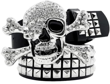 CWCYYDSYY Ceinture cloutée Y2K Punk Hip Hop en similicuir avec œillets pour Halloween Cosplay, Noir-Crâne-1, Large