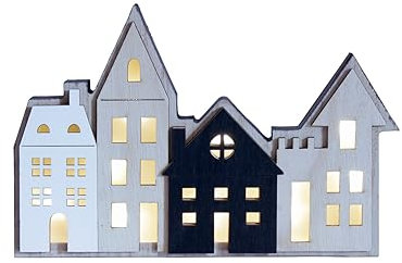 Spetebo Figura decorativa con luces LED de Navidad, de madera, 23 x 16 cm, con iluminación blanca cálida, silueta de pueblo navideño, decoración de mesa, ventana, Adviento