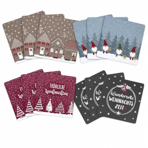 MIJOMA 12er Set Untersetzer Glasuntersetzer Weihnachtsuntersetzer, Weihnachten charmante Motive, sicherer Halt Dank Korkunterseite, hitzebeständig, 9,5x9,5 cm – für die Festliche Tischdekoration