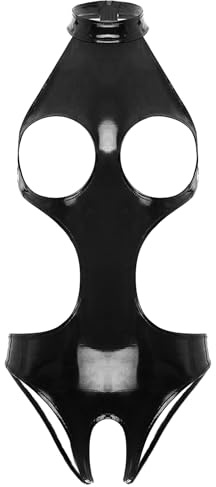Freebily Damen Wetlook Body Brustfrei Latex Catsuit Ouvert Lackleder Bodysuit Schwarz L