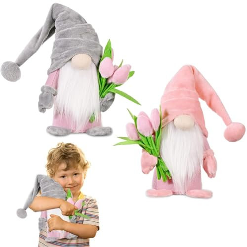 Gohytal Stehende Niedliche Wichtel mit Tulpen Blumensträuße, Deko Wichtel 2 Stück, Wichtel Figuren, Tischdekorationen, Neujahrsgeschenk, Paare, Mama