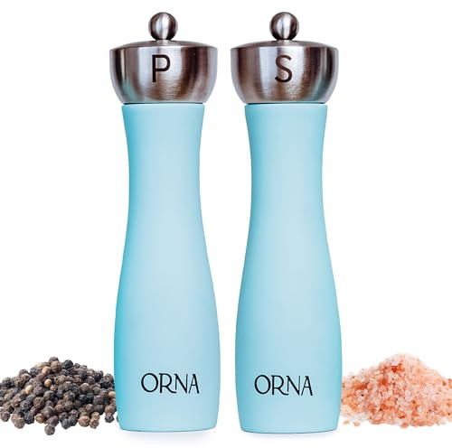 ORNA Salt- och pepparkvarn set trä förpackning med 2 – påfyllningsbar justerbar grovhet manuell kryddkvarn set i presentförpackning – 8,5 tum/21,5 cm – turkos