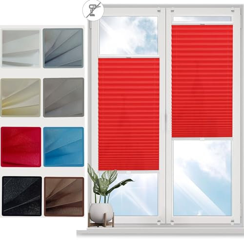 Premium Plissee Faltrollo ohne Bohren 120 x 30 cm Montage Sichtschutz und Sonnenschutz Plissee Klemmfix Faltrollo mit Klemmträger für Fenster und Tür, Rot