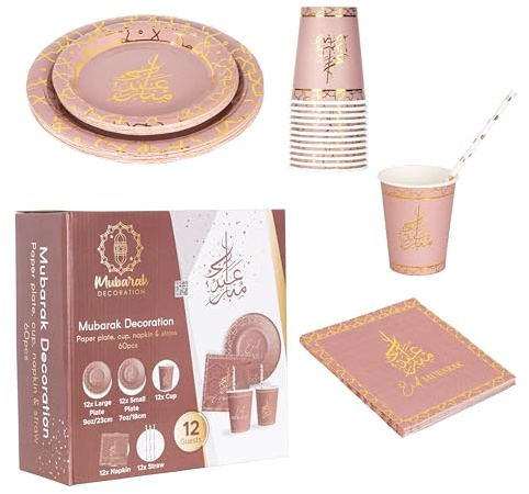 Shopperval EID MUBARAK Deko - Einweggeschirr-Set - 60-teilig - 12x großer Teller, mittlerer Teller, Becher, Strohhalme und Servietten (gepudert 2024)