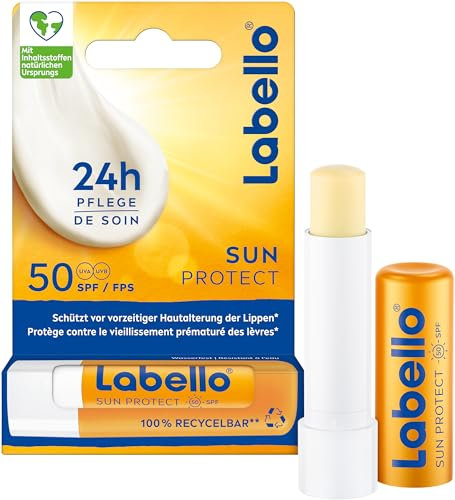 Labello Sun Protect LSF 50, wasserfeste Lippenpflege mit hohem Sonnenschutz, mineralölfreie Lippenpflege mit Sheabutter, Vitaminen & natürlichen Ölen (4,8 g)