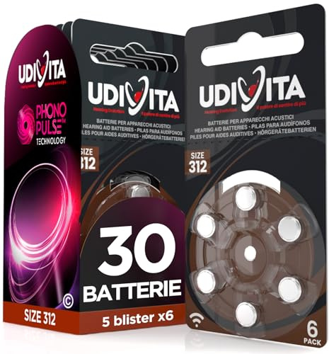 30 Batterie per Apparecchi acustici Udivita Misura 312 Zinco-Aria - 5 Blister da 6 Batterie
