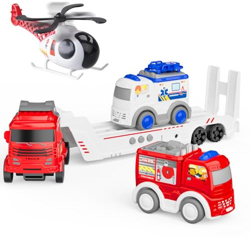 GizmoVine Fire Truck set, Car Transporter Toy Kit with Ambulance Vehicles, Fire Engine, Helicopter, Friction Power, Three Warning Sound, Baffle Mobile, Gifts for 2 3 4 5 6 Year Old Boys and Girls