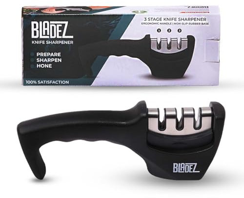 Bladez Smart Sharp Knife Sharpener - Professional 3 Stage Manual Sharpener for Sharpening Kitchen Knives - Ceramic Stone, Tungsten Carbide Plates, Diamond rods. Ergonomic Design