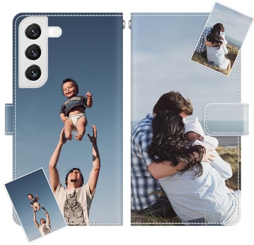 JGOYGYI Personalisierte Leder Handyhülle kompatibel mit Samsung Galaxy S22 5G,Individuelle Eigenem Foto Bild Text Bildern Foldable Flip Klapphüllen Case hülle+Handykette