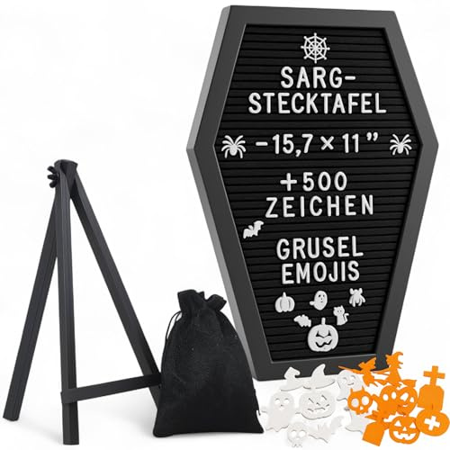MIJOMA Sarg plug-in tavla bokstavstavstavstavstavstavstavstavstavstavla med över 500 tecken, läskig emojis och trästativ – 40 x 28,5 cm – gotisk bokstavstavstavla, halloweendekoration, läskig