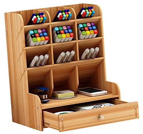 HONMEET Holz Stiftaufbewahrungsbox Mit Mehrfachen Fächern Schreibtisch Stiftehalter Regal Für Stifte Marker Büroklammern Kirschfarben Robust Und Umweltschonend Korrosionsbeständig