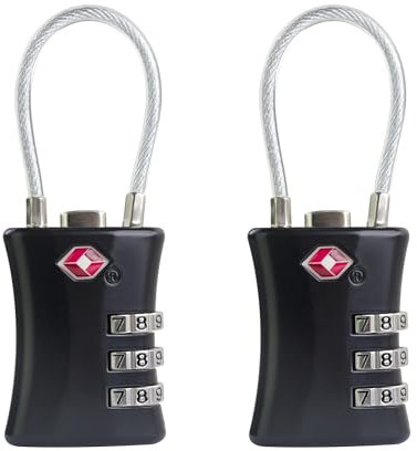 UP Security TSA Gepäckschloss, kleines Zahlenschloss, TSA zugelassenes Kofferschloss, Zahlenschloss mit Kabel, für Koffer, Fitnessstudio, Waffenkoffer, Rucksackreißverschluss (Schwarz+Schwarz)