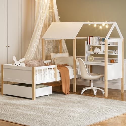 Huayz Kinderbett 90 x 200 cm, mit Rausfallschutz und Lattenrost, L-förmigem Schreibtisch und Bücherregal, Schubladen mit Rollen, multifunktionales Hausbett aus Massivholz, Weiß