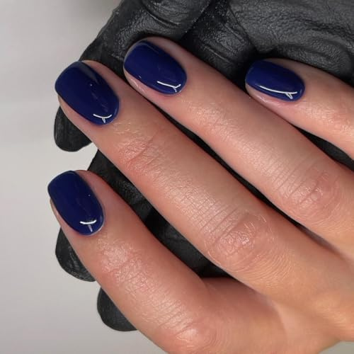 KQueenest Marineblau Press On Nails Kurz Eckig - Künstliche Nägel zum Aufkleben Kurz, Natürlich Einfarbig Fake Nails Fingernägel zum aufkleben, Glänzende Gel Acryl Nägel für Frauen, 24 Stück