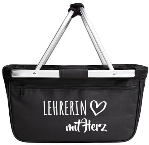Huuraa Einkaufskorb Lehrerin mit Herz Geschenk | Schön als Picknick Korb oder Shopper 20 Liter Black faltbarer Tragekorb Schwarz Geschenkidee Einkaufstasche Aluminium Griff
