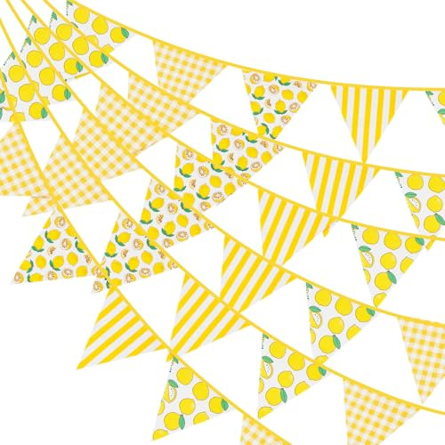 G2PLUS Guirlande de Fanions Citron 12m en Coton: 42 Fanions Triangulaires Motif Citron & Rayures Jaune Blanc, 19x21cm pour Fête Anniversaire, Enfant, Baby Shower, Extérieur