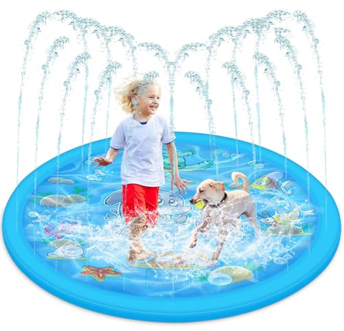 Dog Pool, Small Paddling Pool for Kids, Summer Garden Beach Foldable Outdoor Sprinkler Play Mat for Boy Girls Children Dog Splash Pool Water Toy (Blue Sea (150cm/59in))