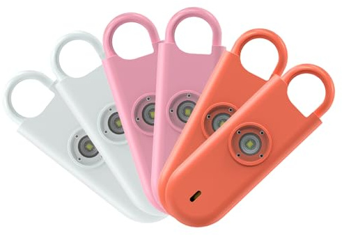 Fauxomor Alarme Personnelle Anti Agression 6 Pack-140 DB Porte-Clé Alarme avec Flash LED et Avertisseur de Batterie Faible, Kit d'Auto-Défense pour Femmes, Enfants et Seniors(2Blancs+2Roses+2Oranges)