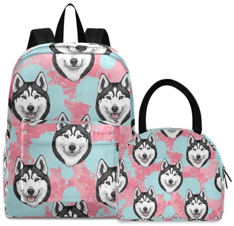 RPLIFE Mochilas para niños, bolsa de almuerzo impermeable con diseño de perro Husky negro y blanco, mochilas para niña con lonchera