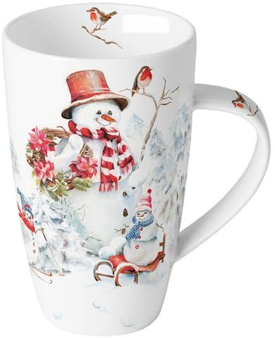 Ambiente Jumbotasse Kaffee/Tee Porzellantasse XXL Henkelbecher 600 ml Schneemann Winter serie sporty snowmen