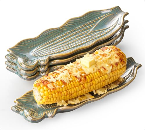 YHOJOY Ceramic Corn on the Cob Dishes, 10 Corn Cob Holders Set of 4, Embossed Corn Trays and Platters, Microwave Dishwasher Oven Safe, Ideal for Summer BBQ Gatherings, Teal