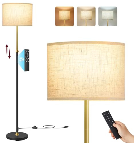 VASAGLE Lámpara de Pie, Lámpara de Lectura Regulable en Altura, 140-170 cm de Altura, Moderna, con Interruptor de Pedal, Pantalla de Tela, Casquillo E27, con control remoto, Dorado + Negro LFL005BD02