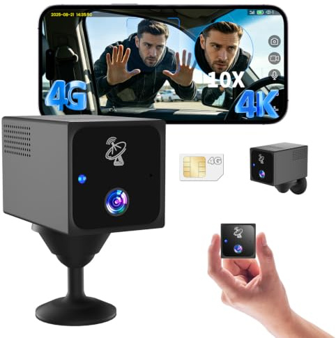 Bextgoo 4G LTE Telecamera con SIM, 4K Mini Telecamera senza WiFi | Batteria 5200mAh, Grandangolo 160°, Visione Notturna, Rilevamento Radar IA, Ideale per Auto, Parcheggio, Campeggio, Viaggio