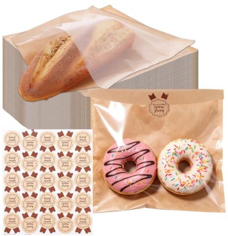 Ghligna 300PCS Kraft Paper Sandwich Bags with Clear Window - 20x18.5cm Heat Sealable Brown Bread Bags for Toast, Cookies, Sweets, Cake & Homemade Treats, Reusable Bakery Packaging with 12 Stickers