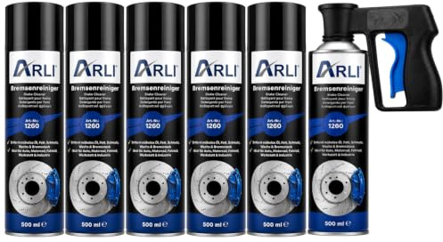 ARLI Bremsenreiniger 6X 500ml mit Sprühpistole Bremsreiniger Spray Teilereiniger Entfettet 360° Ventil Kupplungsreiniger Pistolengriff Auto Motorrad Werkstatt Öl Fett Kette Reiniger
