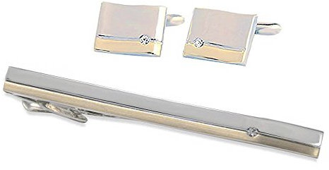 Unbekannt edles Set Manschettenknöpfe + Krawattenklammer kurz 6 cm bicolor mit Kristallstein + schöne Geschenkboxen