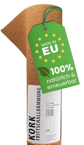 EKB-Kork Trittschalldämmung 10x1m 3mm stark I natürliche Dämmunterlage I Rollenkork für Parkett & Laminat I Trittschallreduktion aus nachwachsendem Korkmaterial I Umweltfreundliche Trittschalldämmung