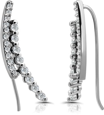 Hoops & Loops 925 Sterling Silver CZ Crawler Earrings for Women - Double Row in Silver