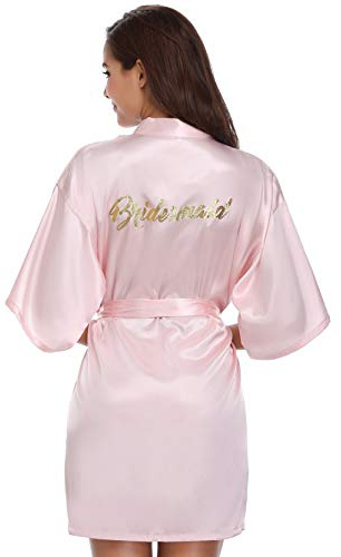 Vlazom Morgenmantel für Hochzeit Satin Kimono Badmantel für Braut&Brautjungfern Damen Robe mit Gürtel V Ausschnitt Morgenmantel für Hochzeit Party Pool Party und Pajama Party