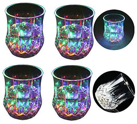 Zeerkeer Farbwechsler Trinkglas Gläser mit LED 5 LED Leuchten Acryl Plexiglas Nicht zerbrechlich Wasserdichte Marble Textur PC-Material für Party, Geburtstag, Nacht, Clubbing, Weihnachten(4)