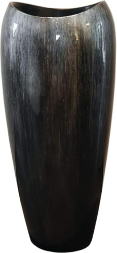 VIVANNO Pflanzkübel Deluxe - Fiberglas Blumensäule Schwarz Silber Hochglanz | Große Bodenvase 81x37 cm für Innen & Außen, mit festem Trennboden ohne Einsatz, Edle Linien-Struktur im Wasserfall-Design