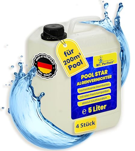 Mr. Perfect® Pool Star Poolreiniger, 4 x 5L - Pooldesinfektion Algenreiniger Algenentferner | Algenvernichter Pool | Flüssiges Algizid für Pool | Desinfizierendes Reinigungsmittel gegen Algen…