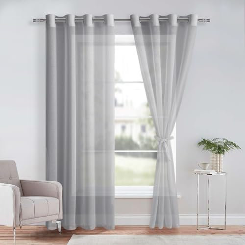 DWCN 2er Set Gardine Weiß Ösenschal Transparent Vorhang Weiß Sheer Voile Vorhänge mit Ösen Transparente Gardinen mit Vorhang-Krawatten, Grau, 240x140cm(HxB)