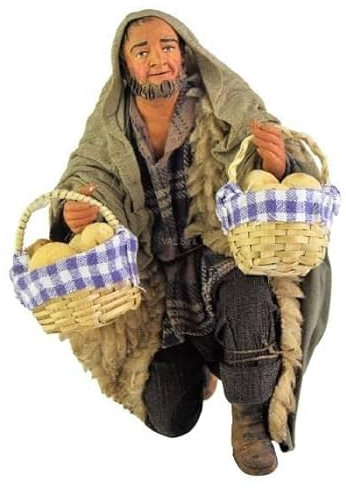 HolyRome Uomo in Ginocchio con Cesti di Pane 20 cm (7,87 inch) - Presepe Napoletano Terracotta