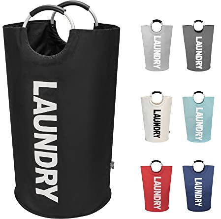 DOKEHOM 90L Großer Wäschekörbe, Zusammenklappbare Wäschesack, Freistehender Hoher Wäschesammler, Faltbare Wäschebehälter (Schwarz)