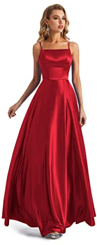 Lecureler satin, spaghetti-rem, balklänning, Röd, 32